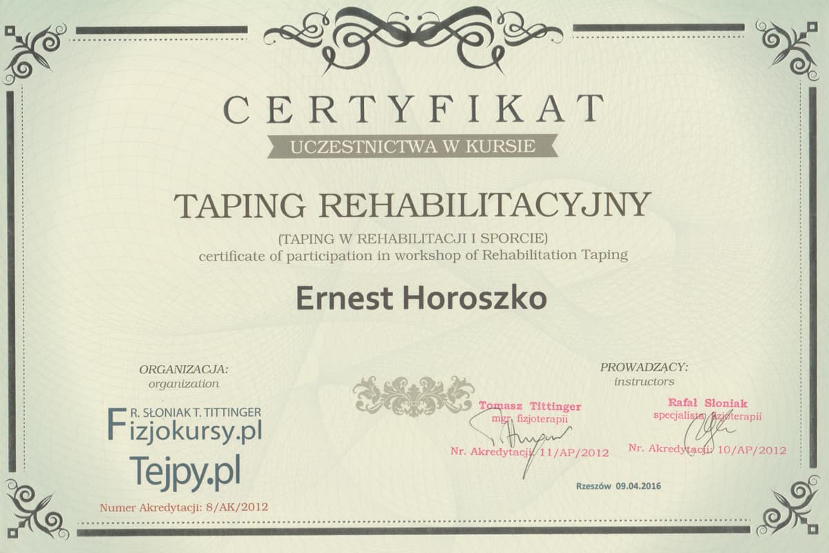 Certyfikat kursu kinesiotapingu, 2016