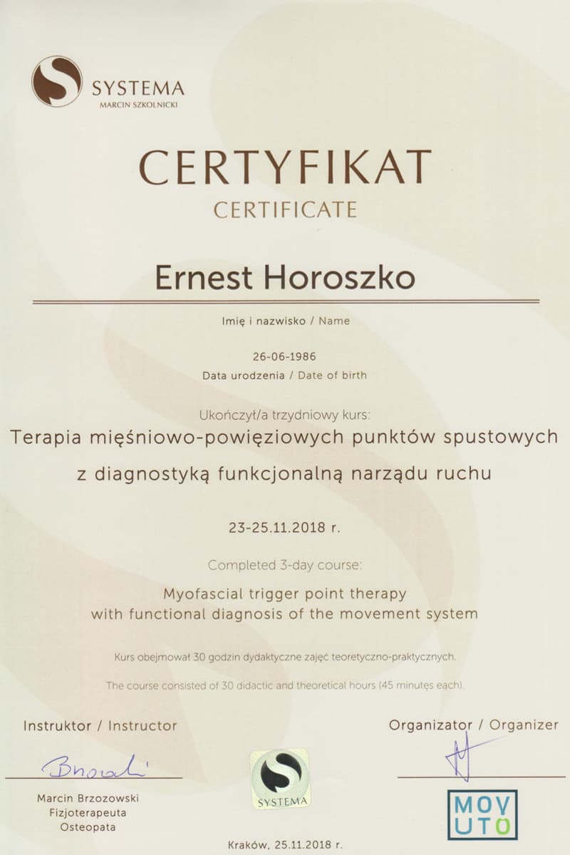 Certyfikat kursu terapii mięśniowo-powięziowych punktów spustowych, 2018