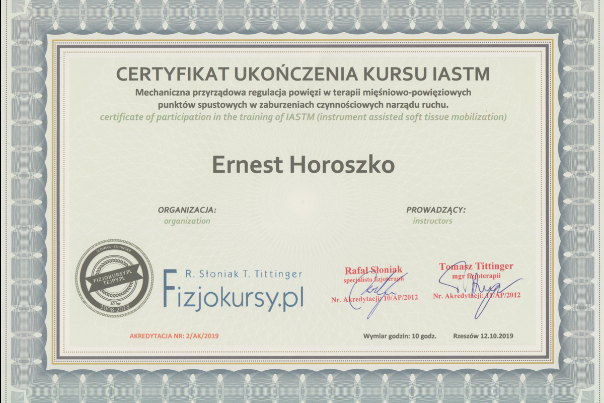 Certyfikat kursu IASTM i terapia powięziowa, 2019