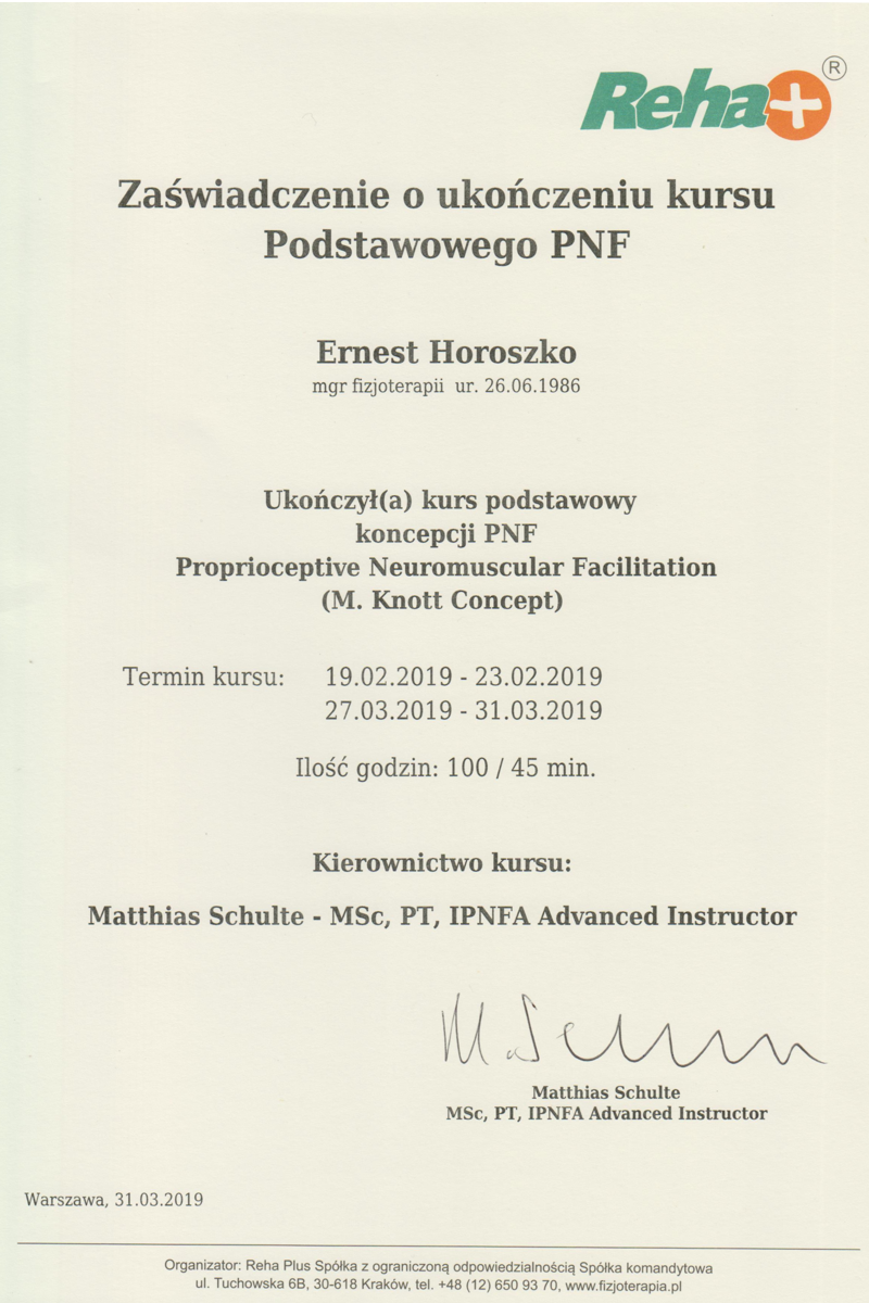 Certyfikat kursu PNF, 2019