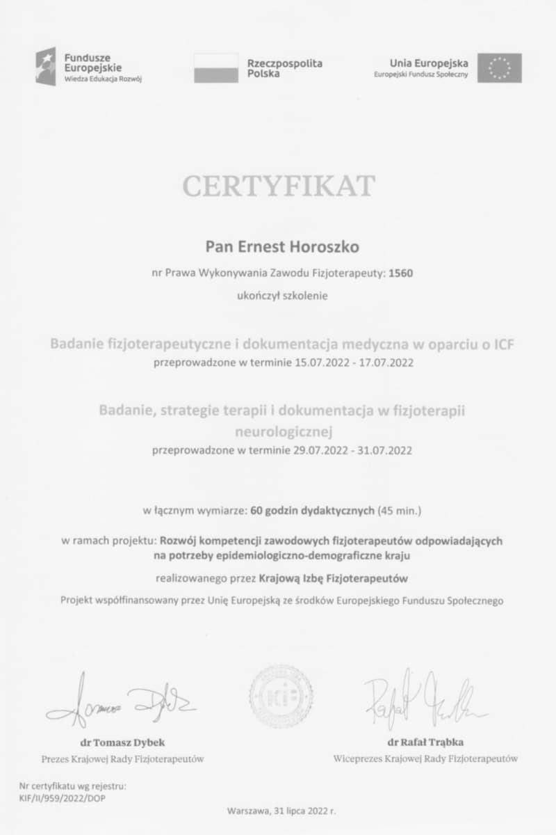 Certyfikat szkolenia Badanie i dokumentacja według ICF, 2022