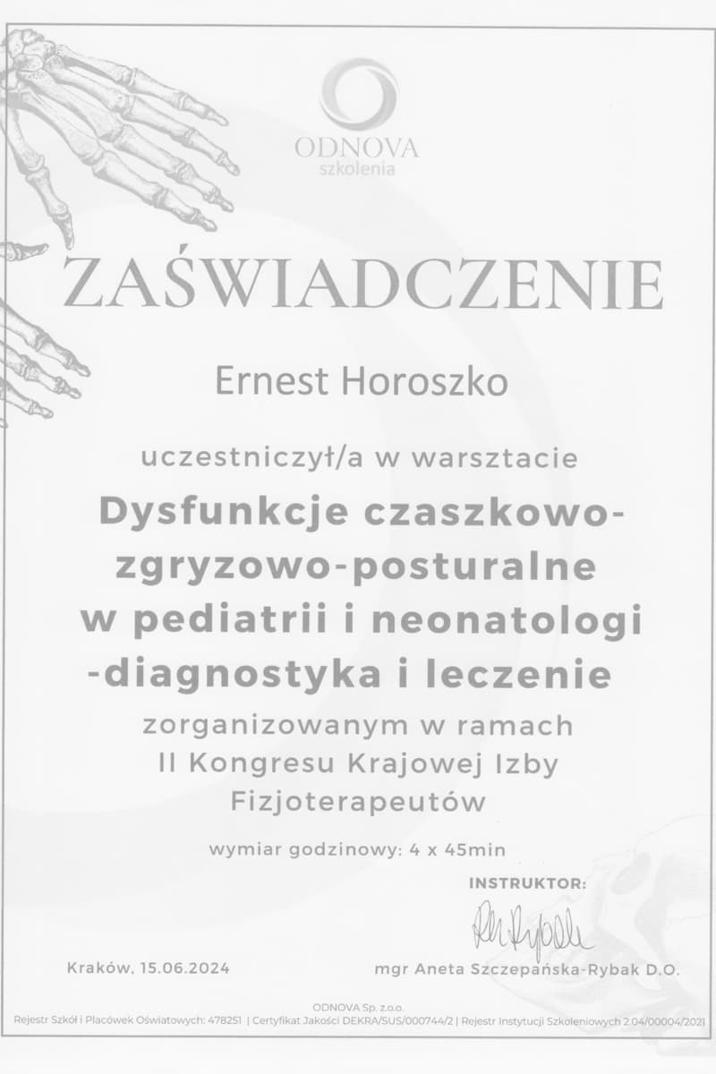 Certyfikat ukończenia warsztatu Dysfunkcje czaszkowe, 2024