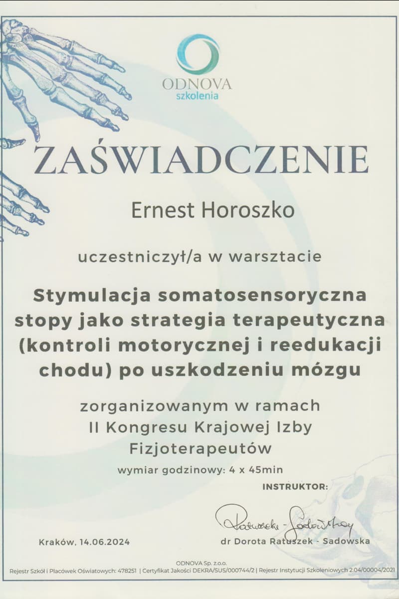 Certyfikat ukończenia warsztatu Stymulacja somatosensoryczna stopy, 2024