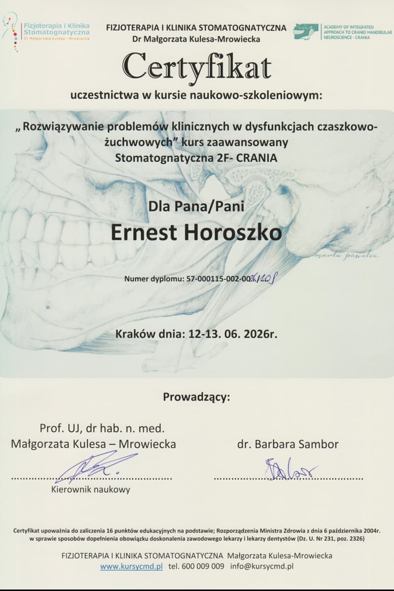 Certyfikat ukończenia kursu Stomatognatyka w fizjoterapii, 2026