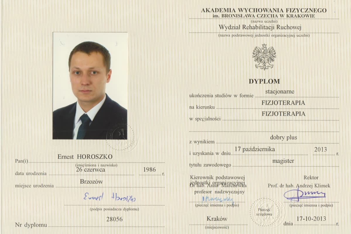 Dyplom ukończenia studiów magisterskich z fizjoterapii